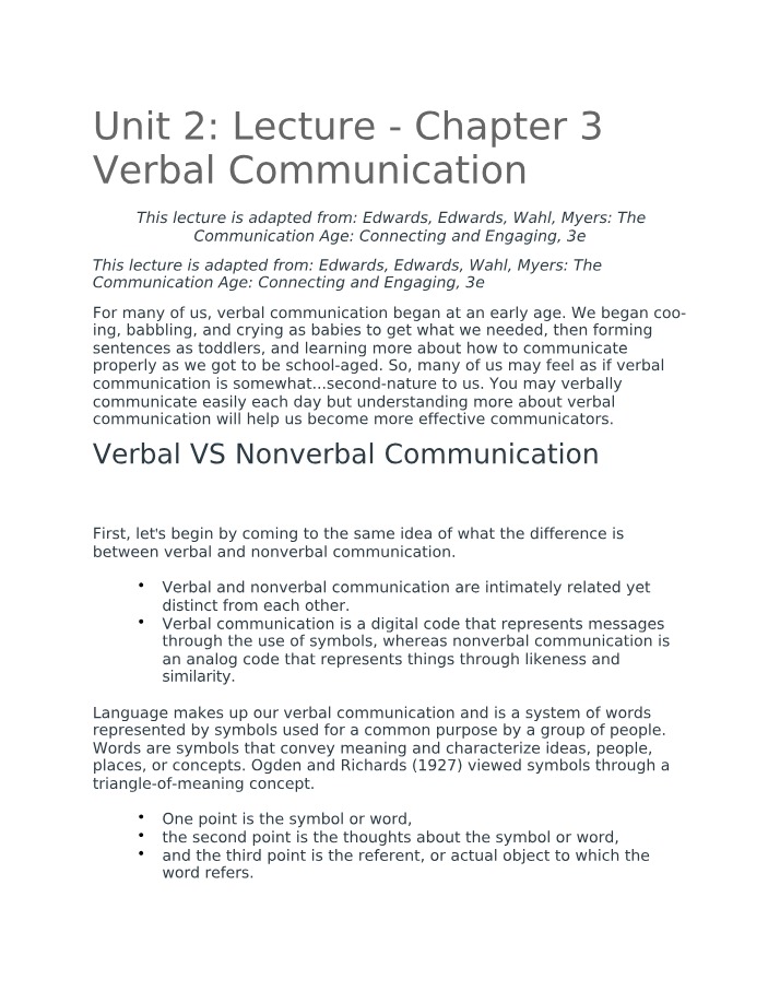Unit 2 Chapter 3 Lecture on Verbal Communication