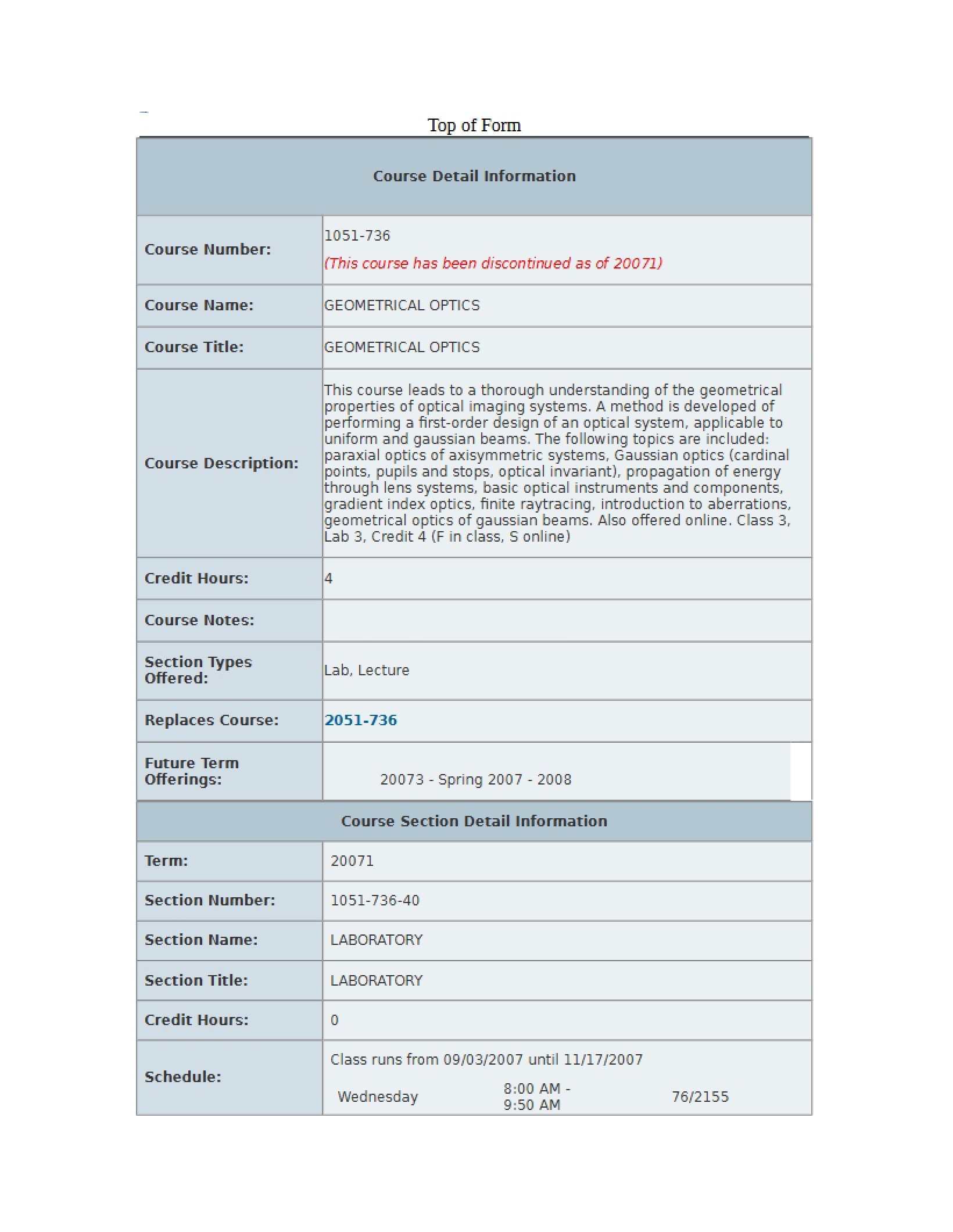 General Optics Course Information