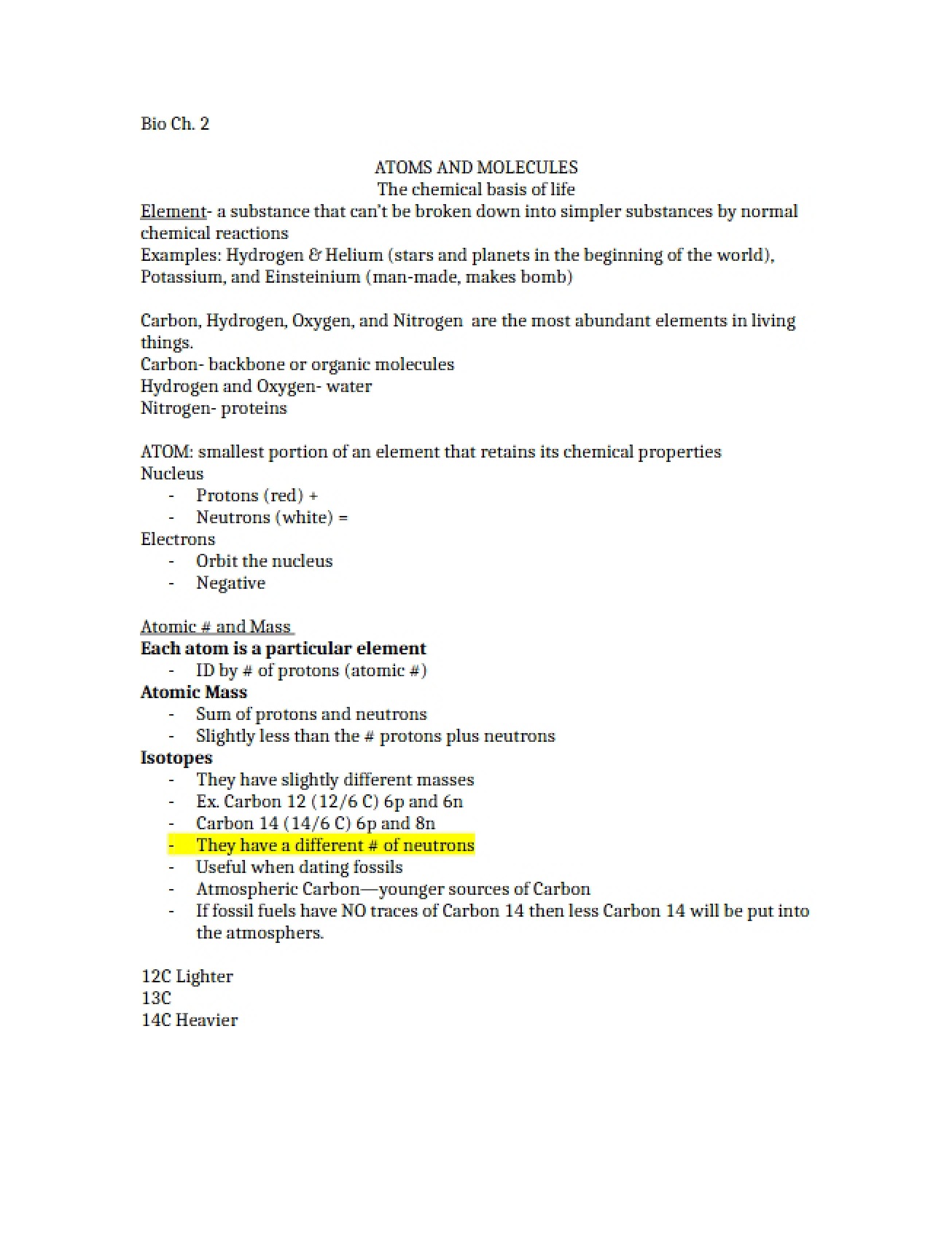 Chapter 2 Biology 1110