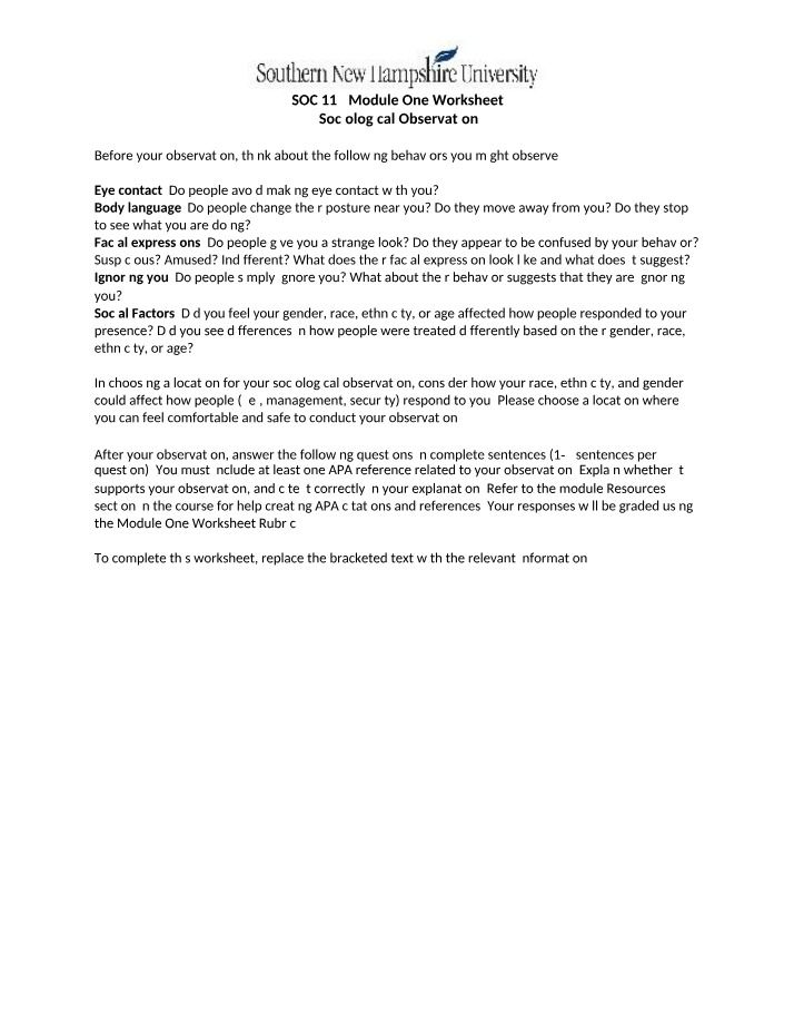 Worksheet for SOC 112 Module One