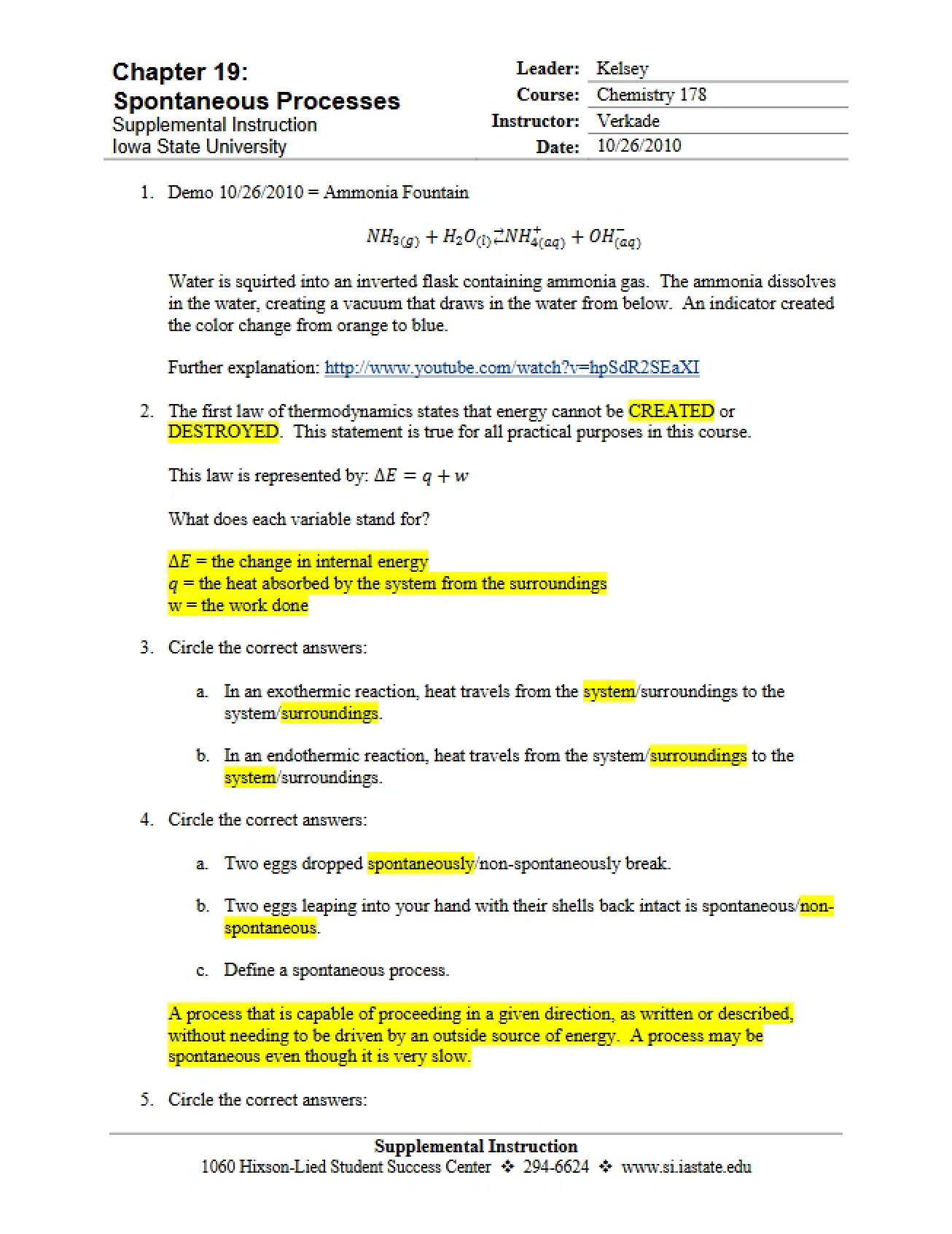 Overview of Spontaneous Processes in Chapter Nineteen