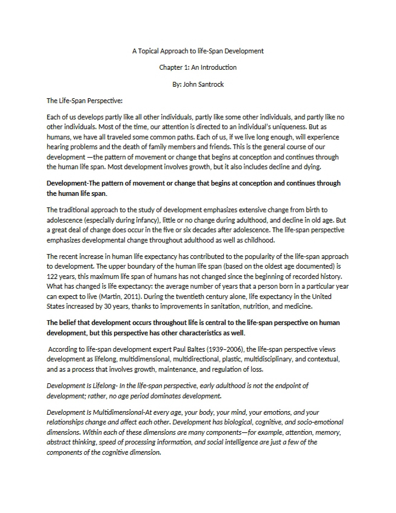 Lifespan Development Chapter One - Introduction
