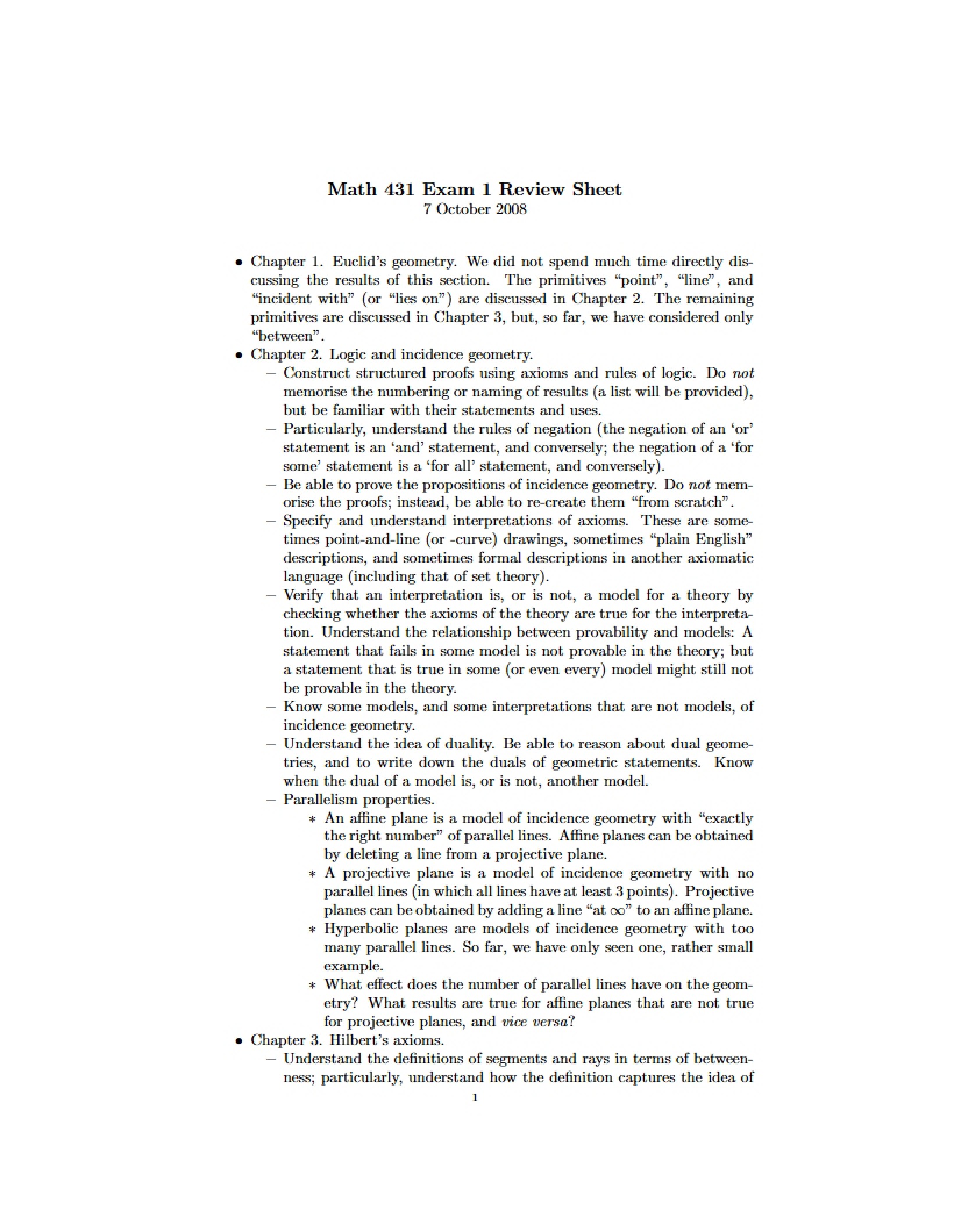 Review Sheet for Exam 1
