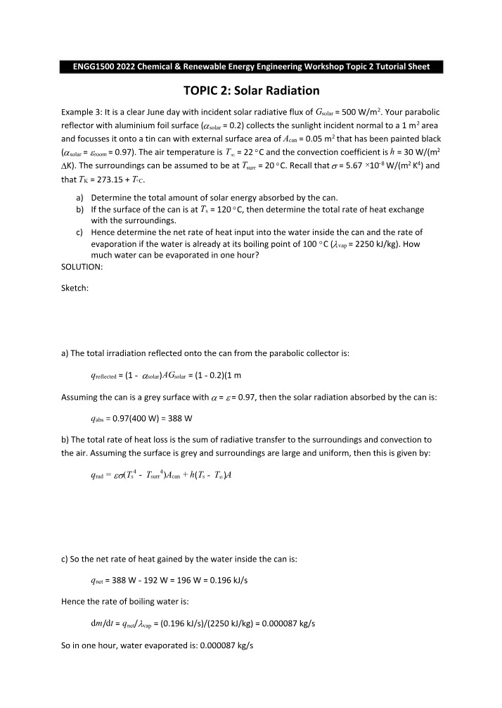 Tutorial Sheet on Solar Radiation