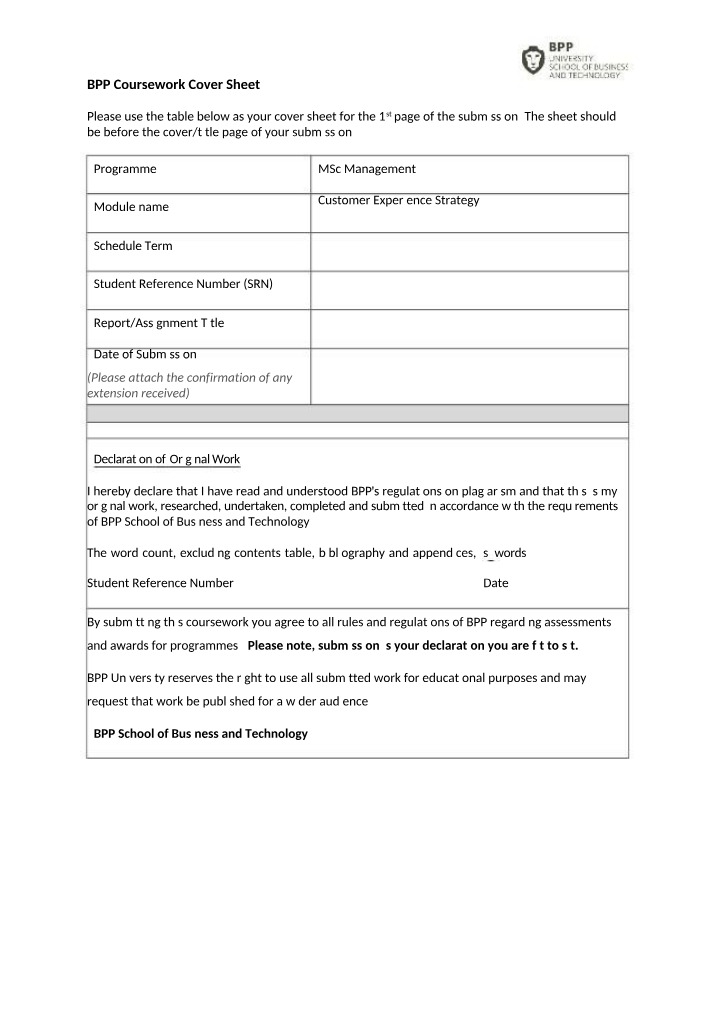 Assessment Brief for Customer Experience Strategy Coursework