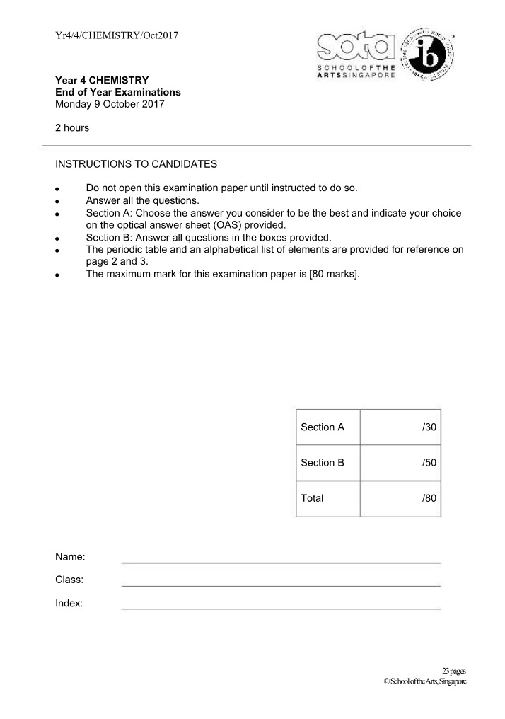 Year 4 Chemistry End of Year Exam - Redox Reactions