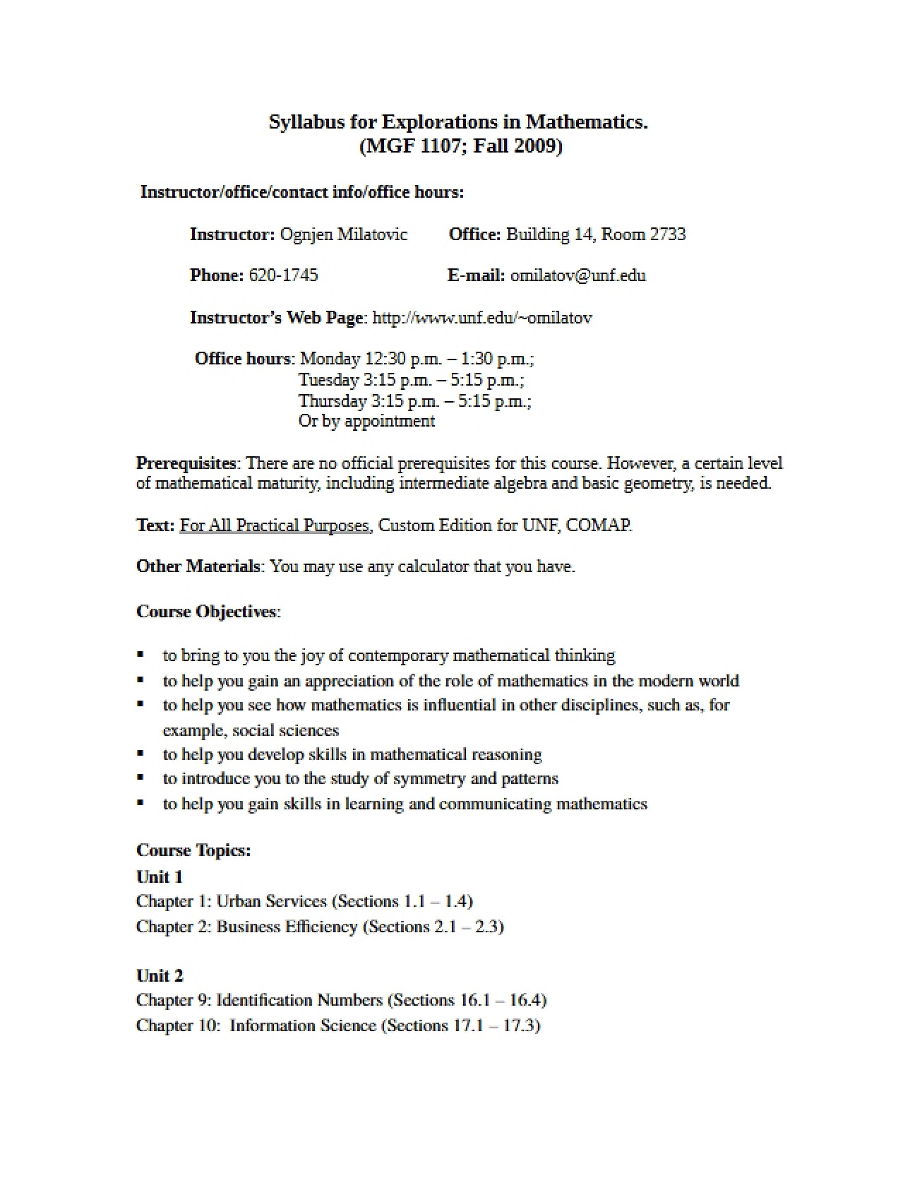Course Outline for MGF 1107