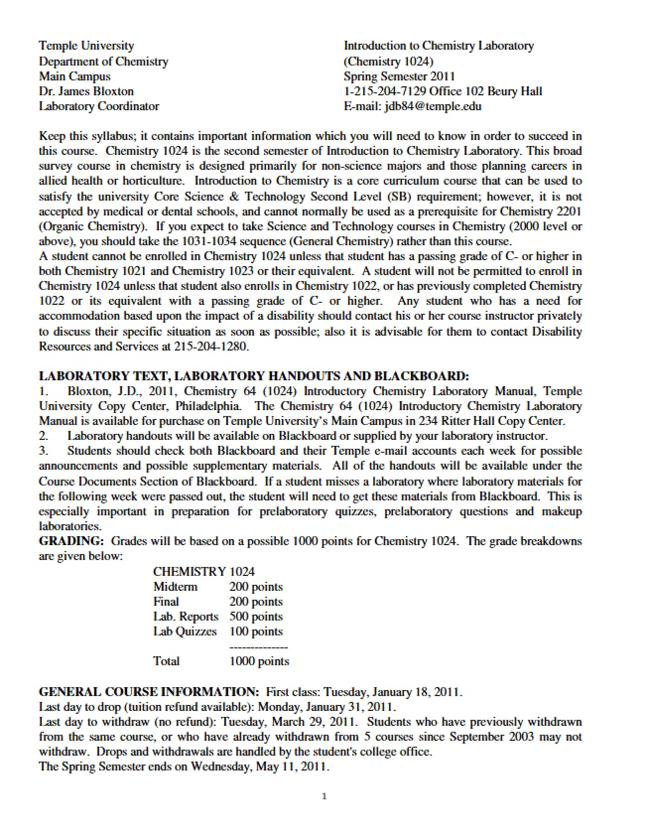 Introduction to Chemistry Laboratory II Course Syllabus