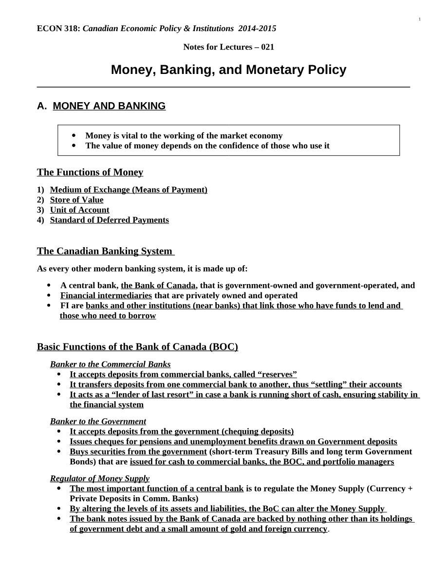 ECON 318 Lecture Notes - Money, Banking, and Monetary Policy (2014-2015)