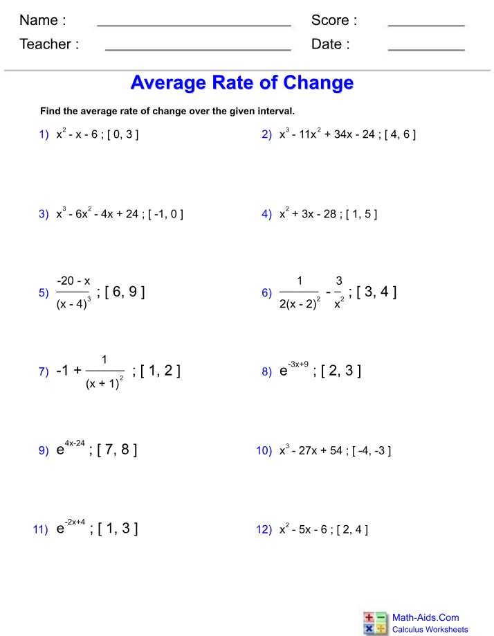 Calculus Worksheets - Average Rate of Change
