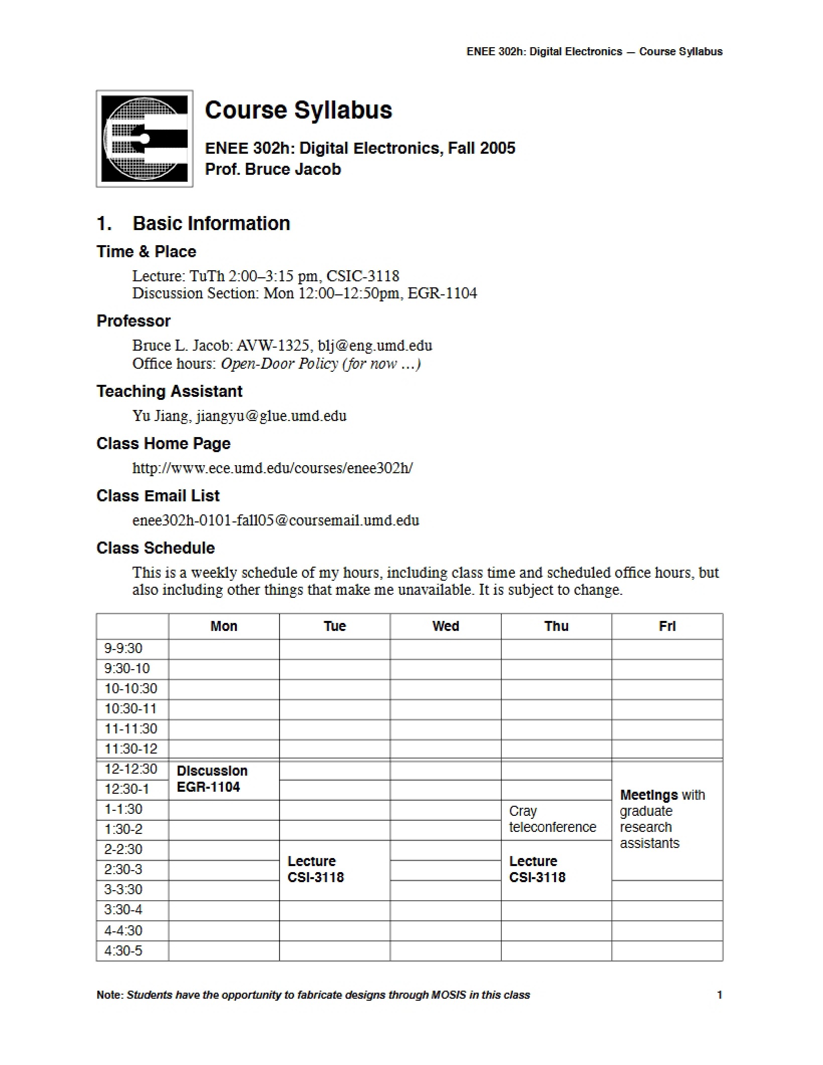 Digital Electronics Course Outline