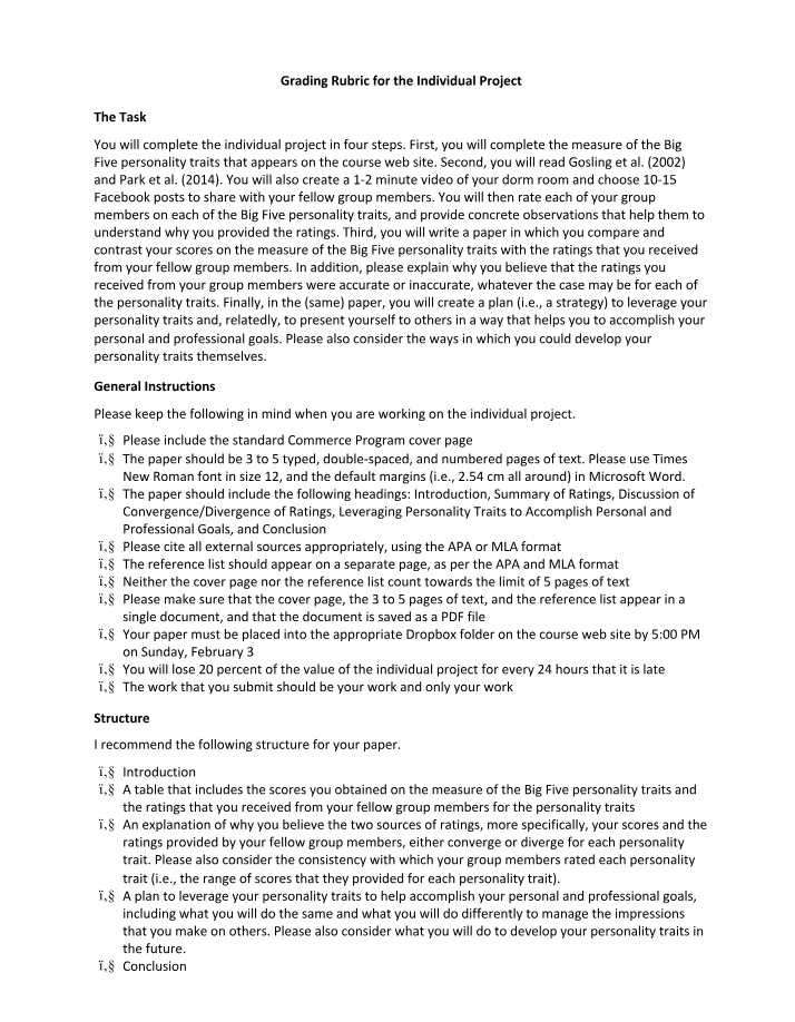 Individual Project Steps, Ratings, and Grading Rubric