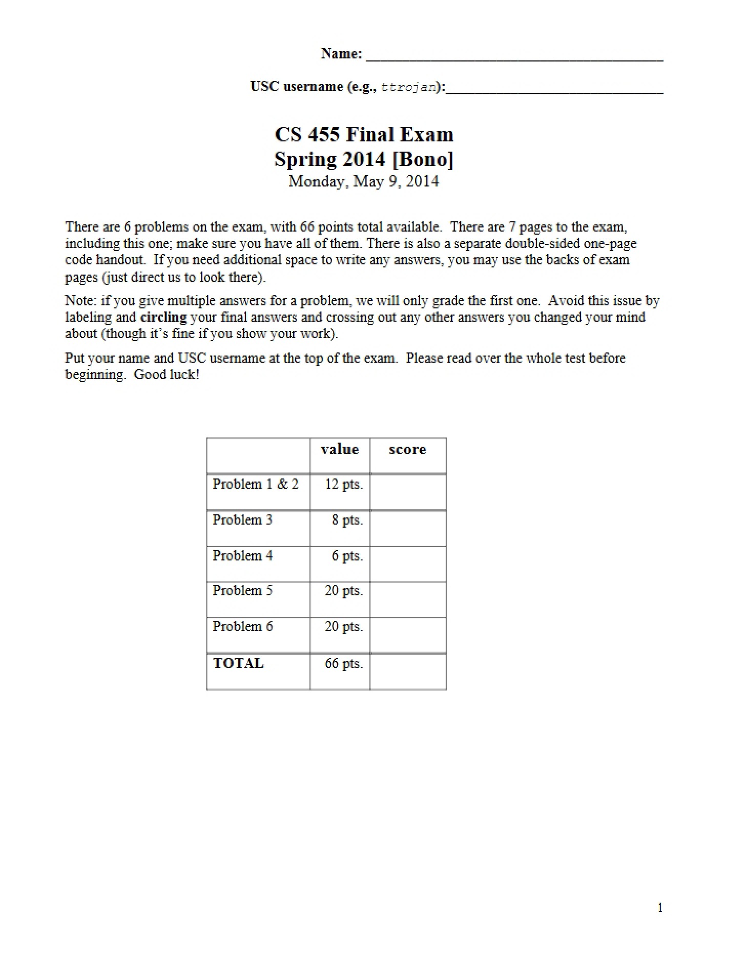Final Exam Spring 2014 (CS 455)
