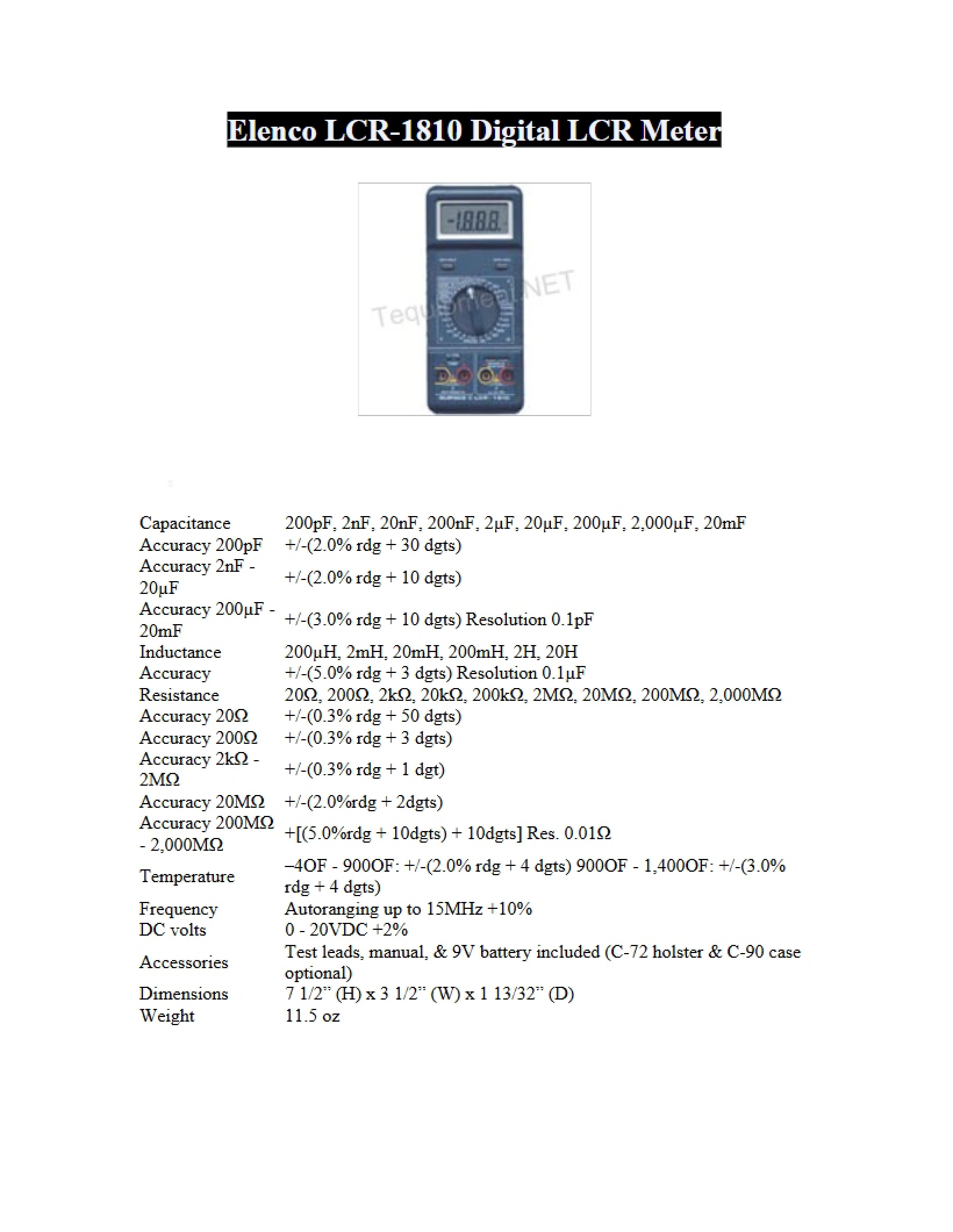 Digital LCR Meter (Elenco LCR-1810)