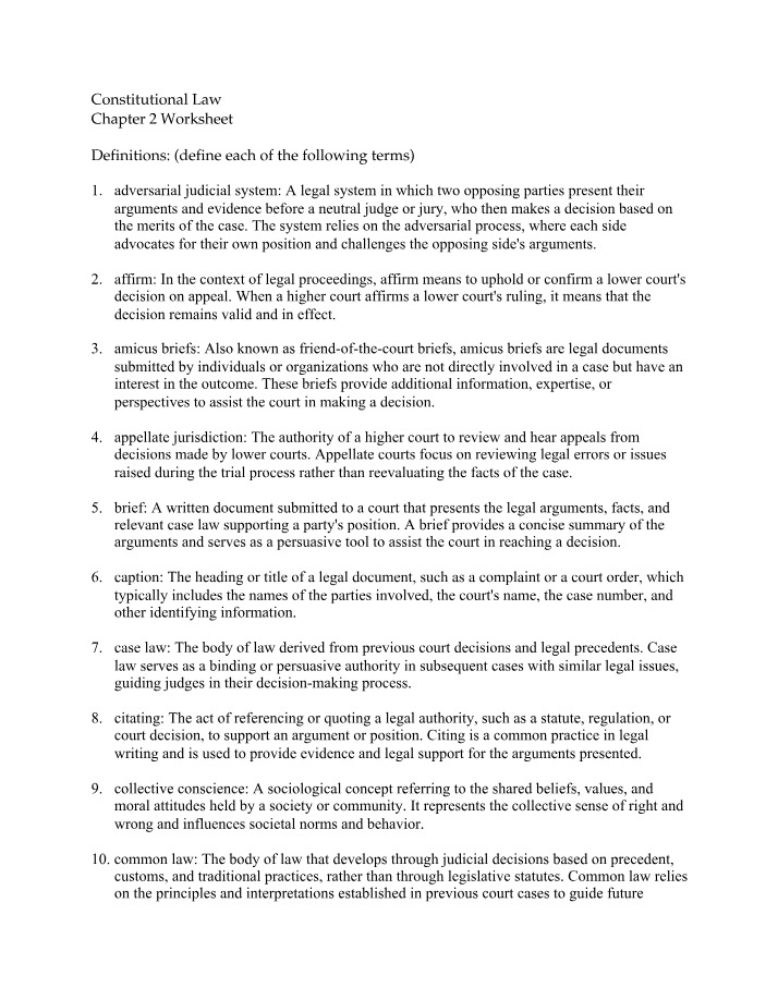 Worksheet for Constitutional Law Chapter 2