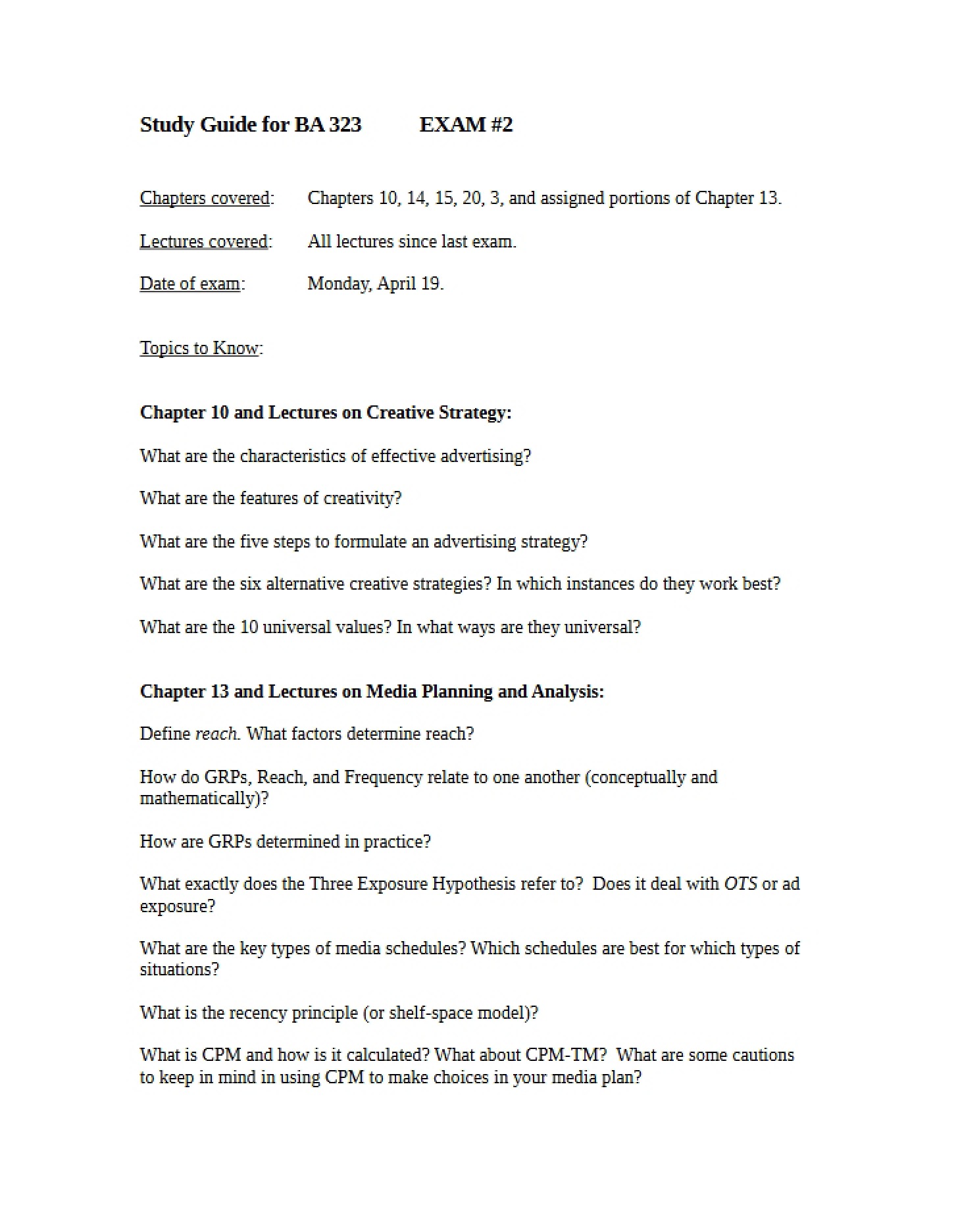 Spring Exam 2 Guide BA 323