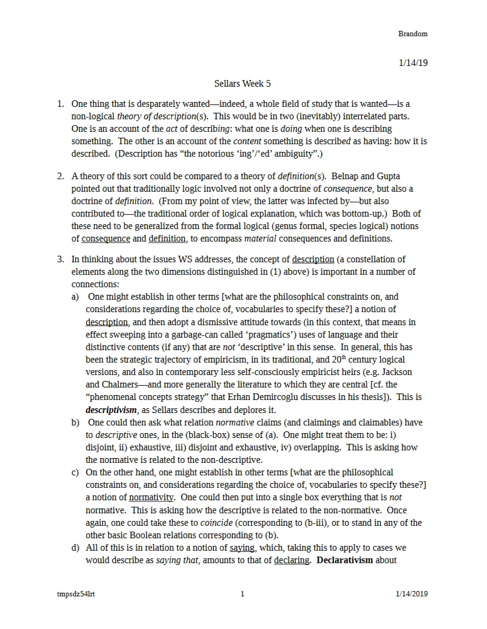 Sellars Week Class Notes