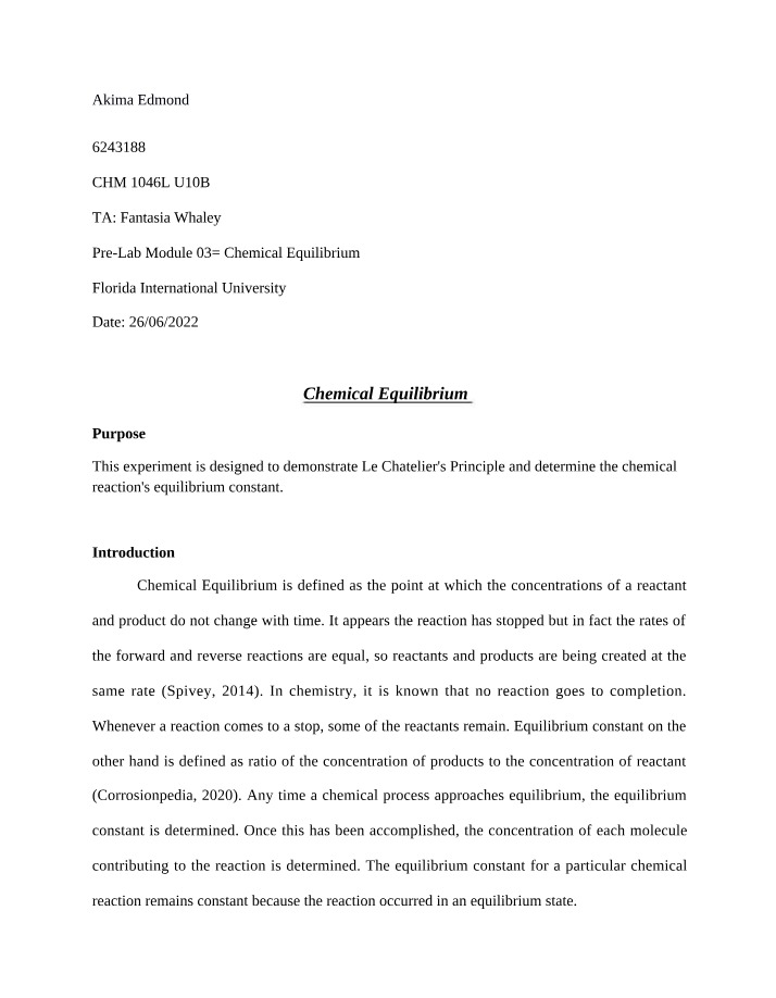 Chemical Equilibrium and Le Chatelier Principle Lab