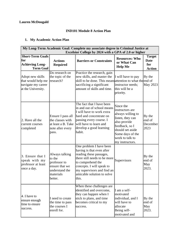 Academic Action Plan for Criminal Justice Success