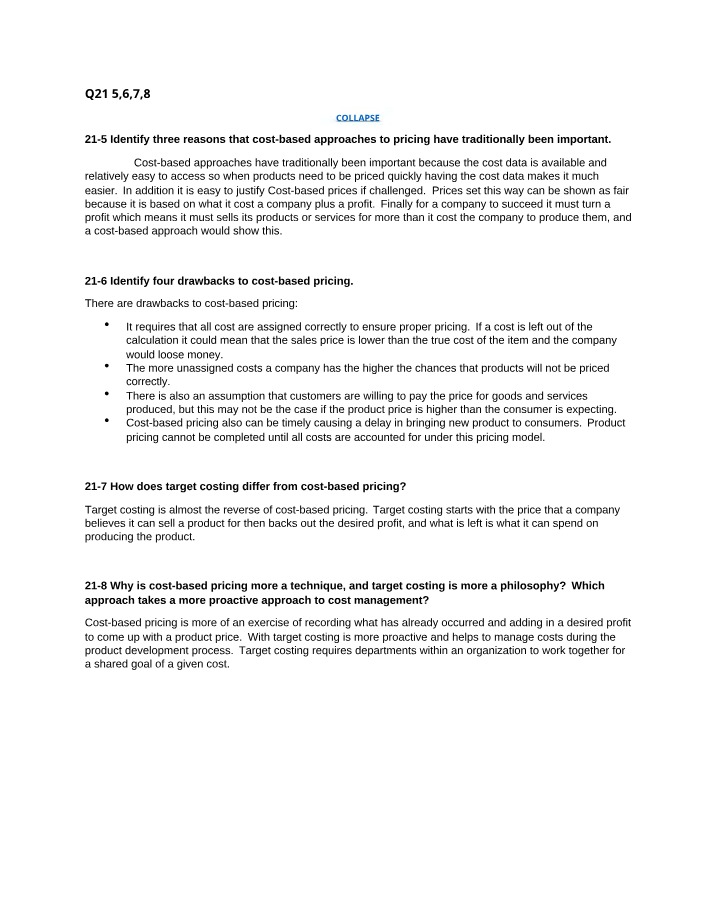 Questions and Answers - Cost-Based Pricing vs Target Costing