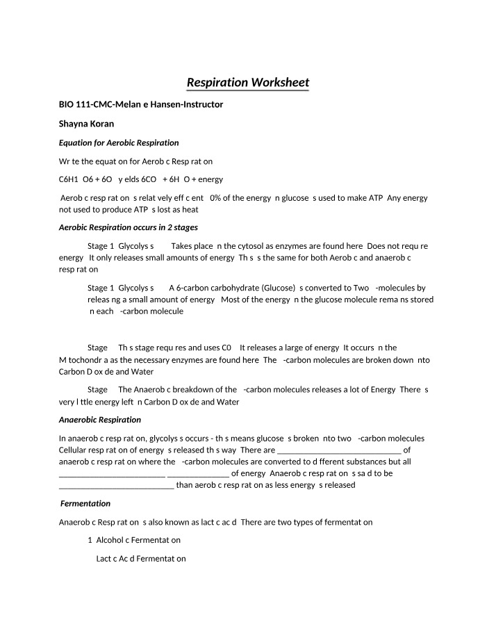 Worksheet for Respiration