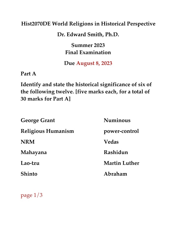 HIST2070 Final Examination - World Religions