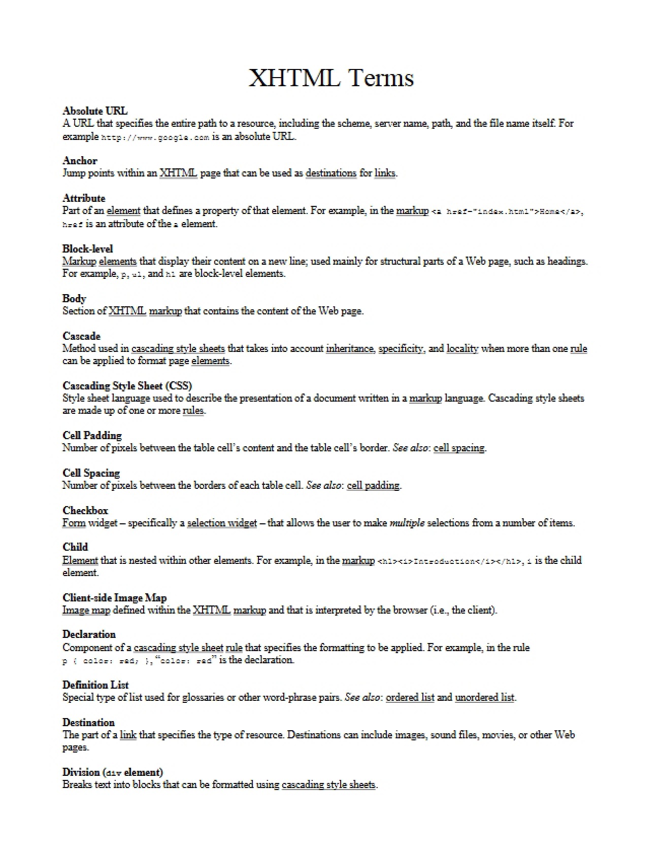 Terminology for XHTML