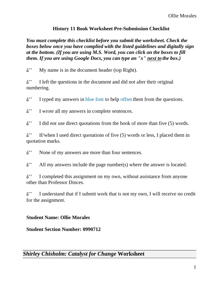 Worksheet - Shirley Chisholm Catalyst for Change