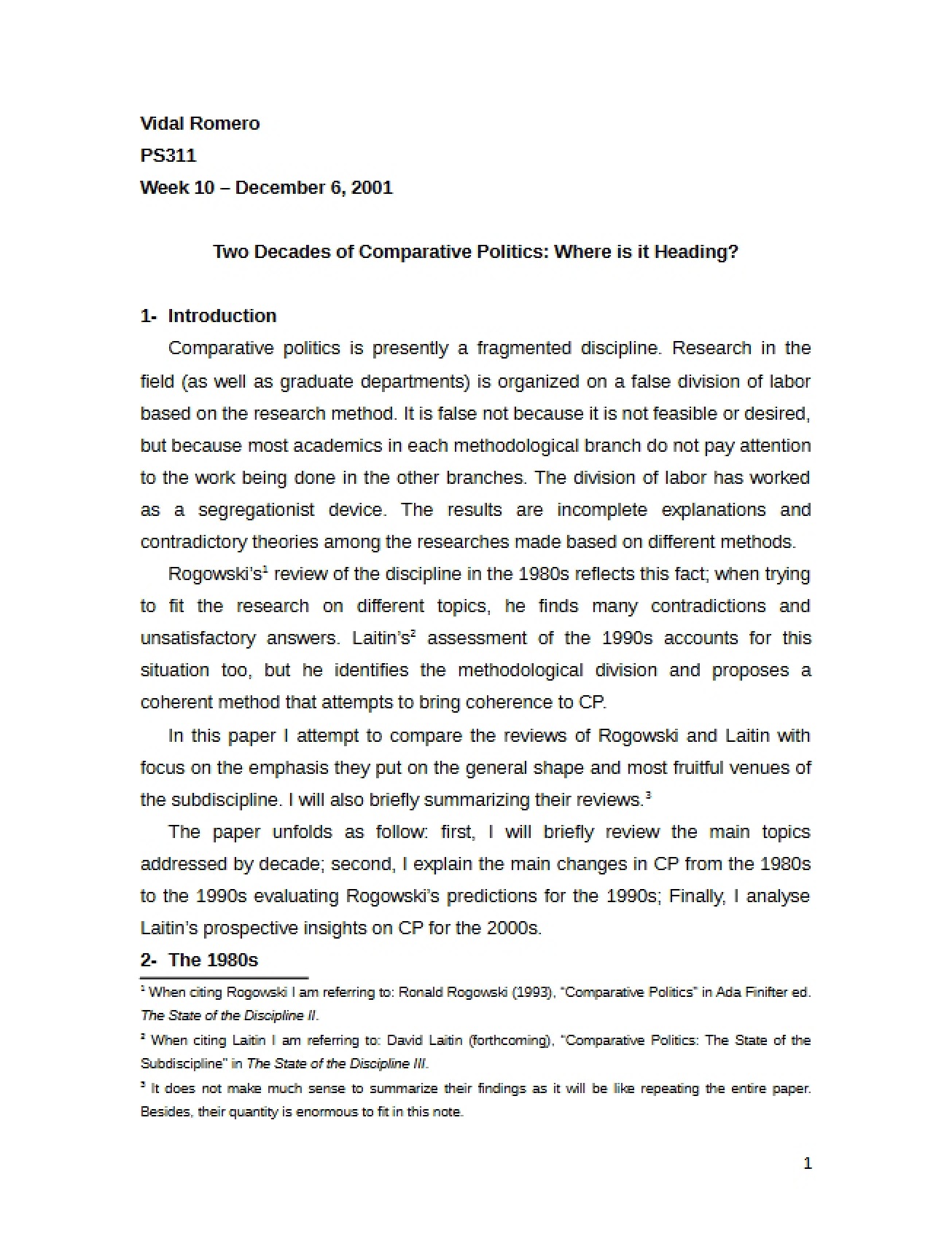 Tenth Week A Review of Two Decades of Comparative Politics