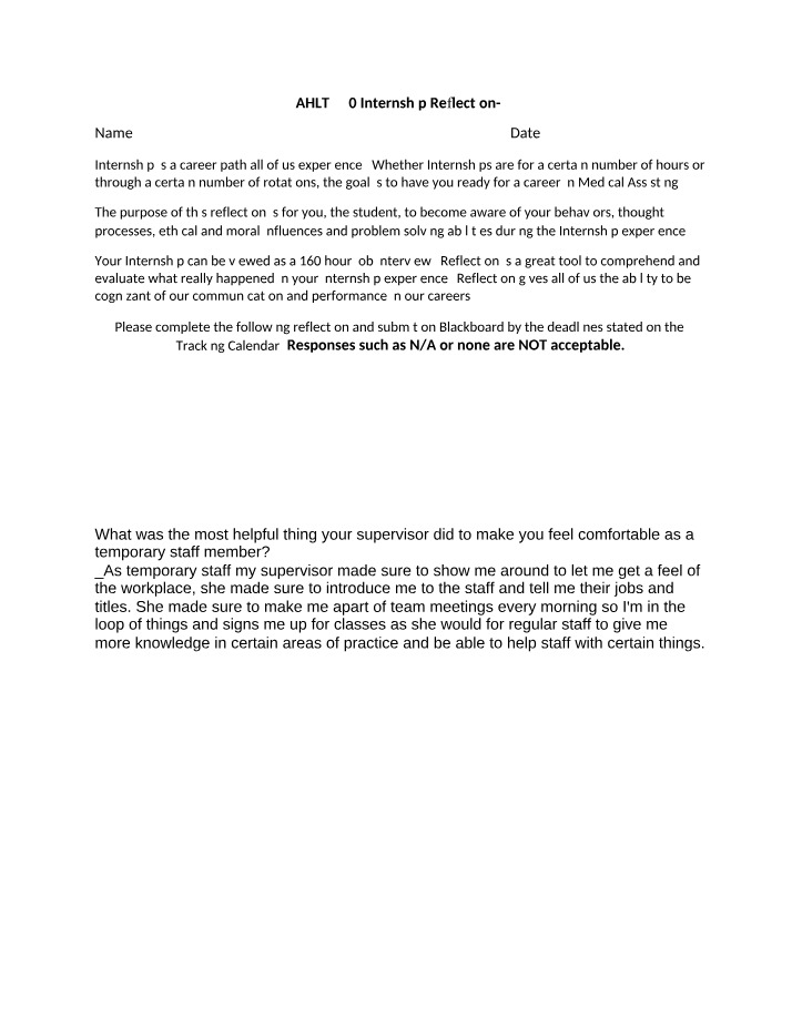 Internship Reflection for AHLT 270