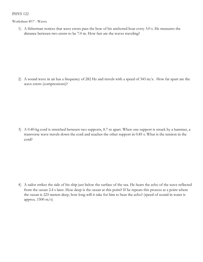 Worksheet #17 on Waves Speed, Distance, Tension, and Echo