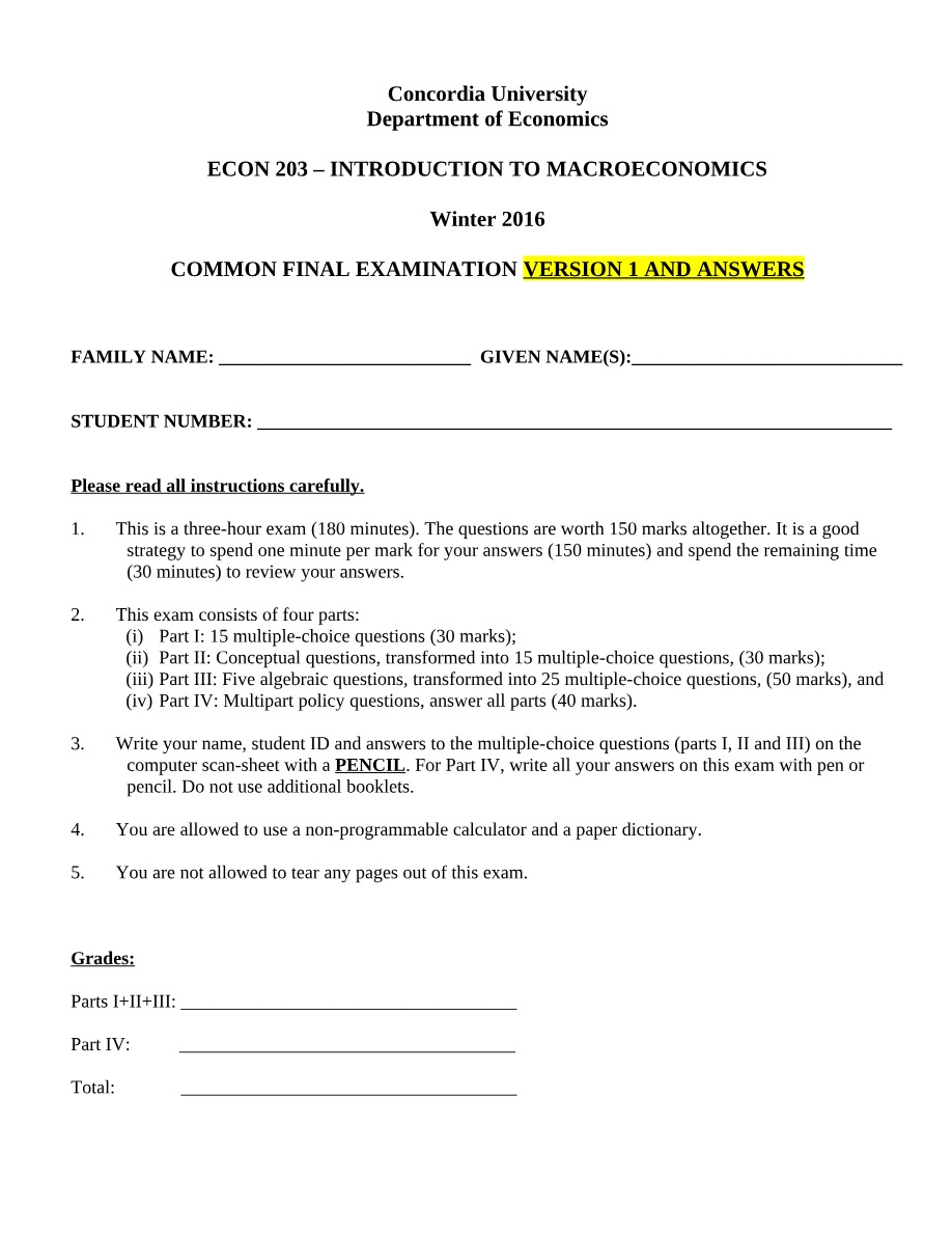 ECON 203 - Introduction to Macroeconomics - Winter 2016 Final Exam