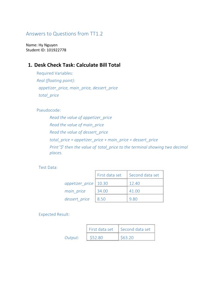 Pseudocode and Desk Check for Appetizer Bill Total
