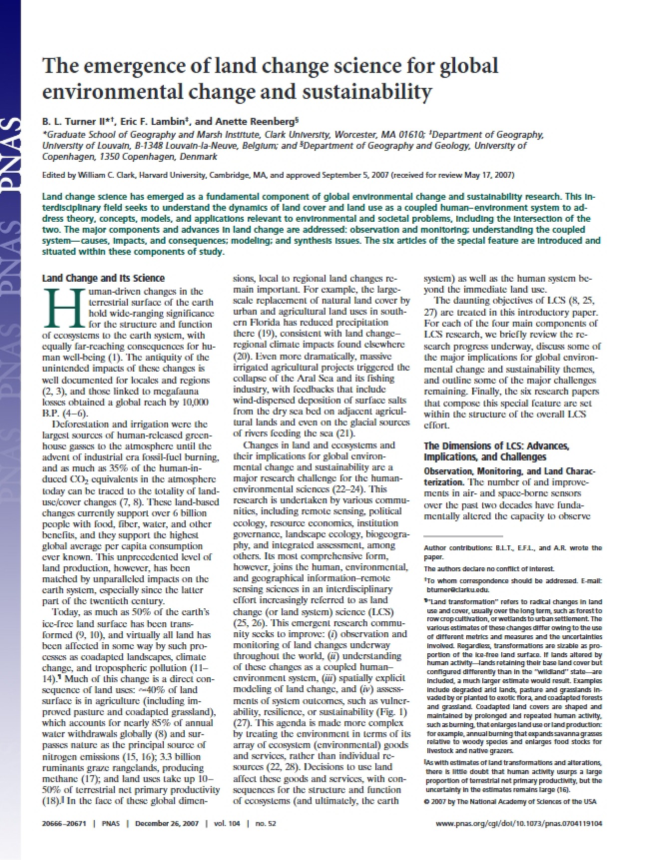 Sustainability and Land Change Science Emergence