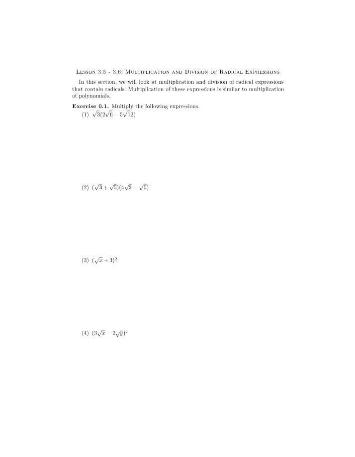 Radical Expressions Exercises - Lesson 3.5-3.6