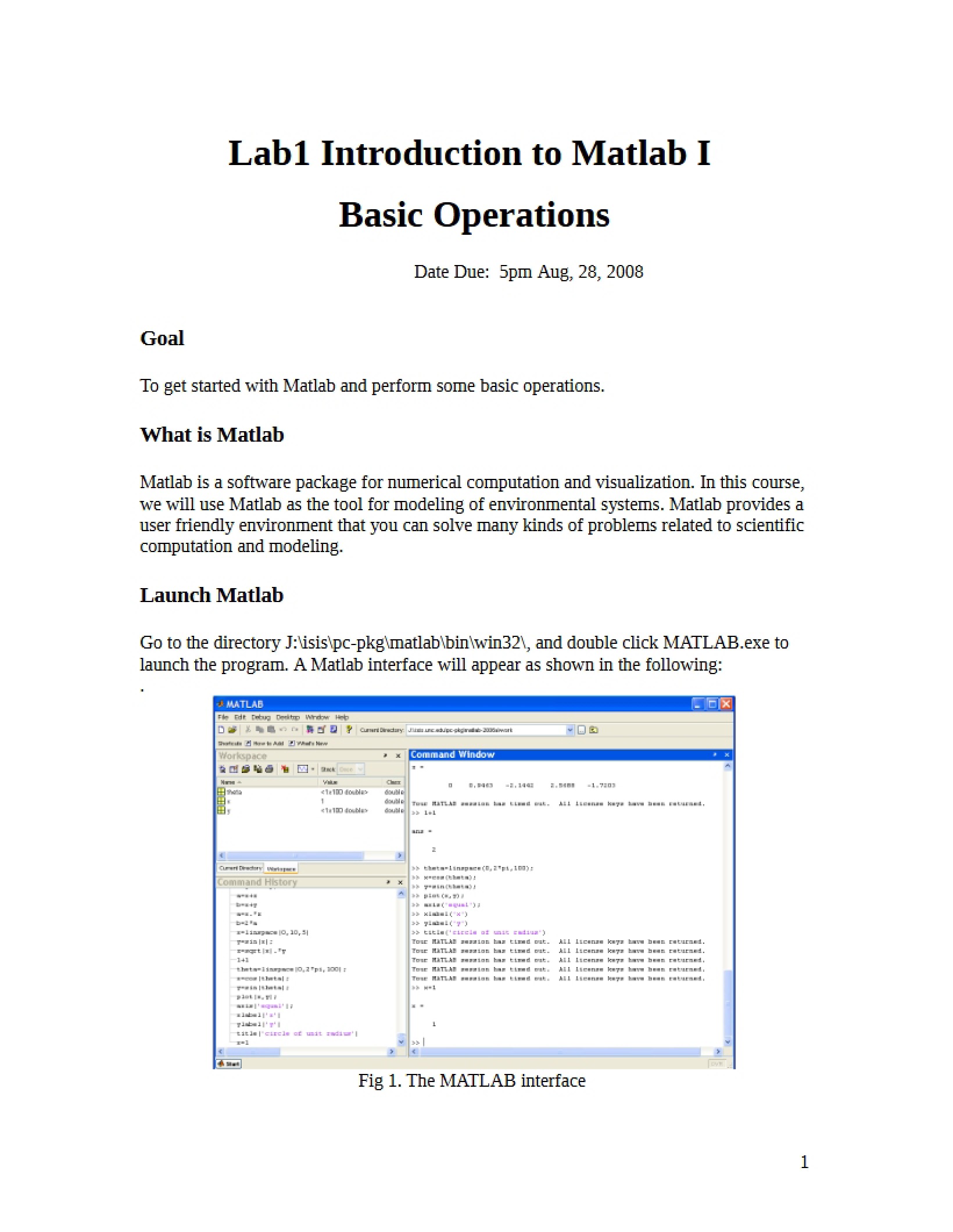 Basic Matlab Operations Lab 1 Intro