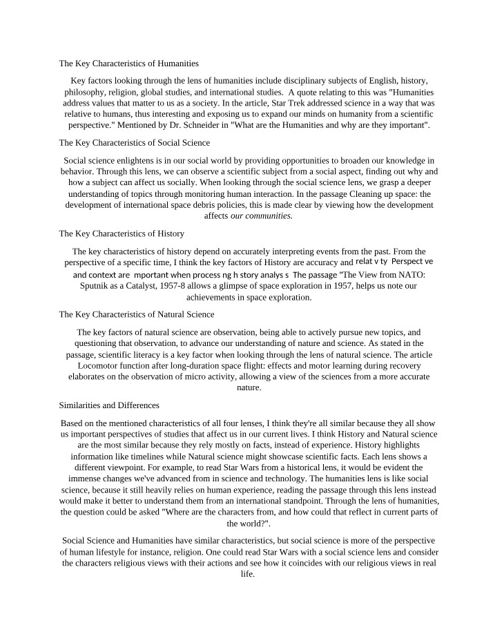 Humanities, History, Social Science, and Natural Science Characteristics