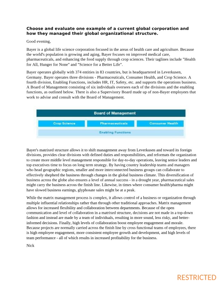 Bayer's Global Organizational Structure - A Case Study