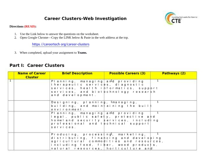 Web Investigation of Career Clusters