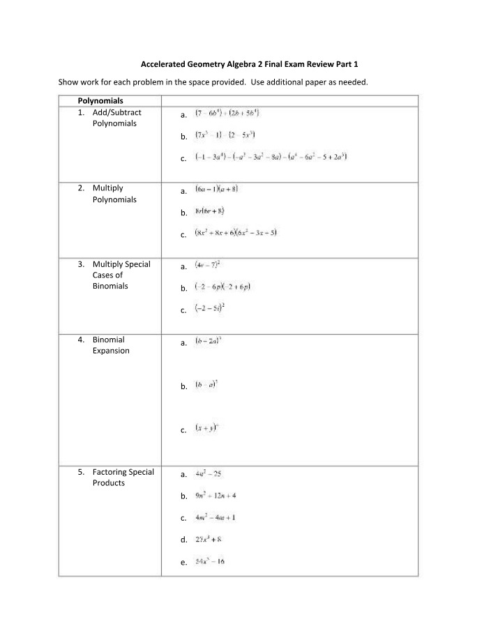 Accelerated Geometry and Algebra 2 Final Exam Review