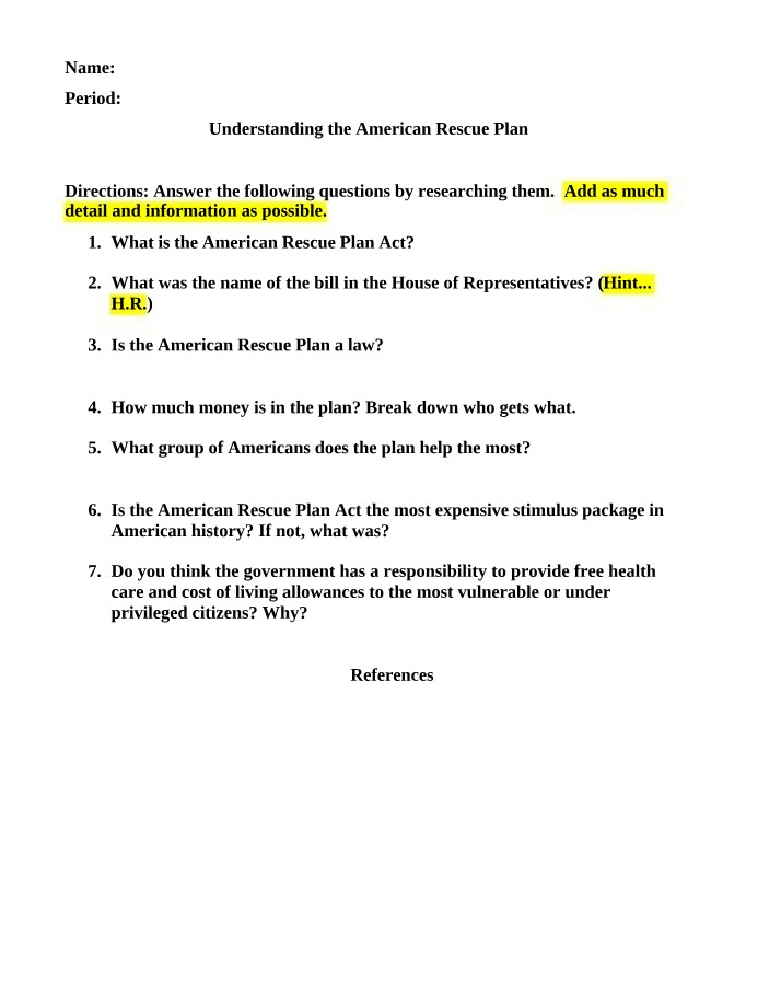 The American Rescue Plan Act - Class Activity