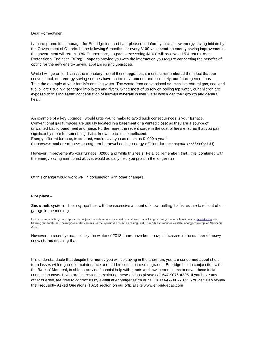 Enbridge Inc - Energy Saving Upgrades for Homeowners