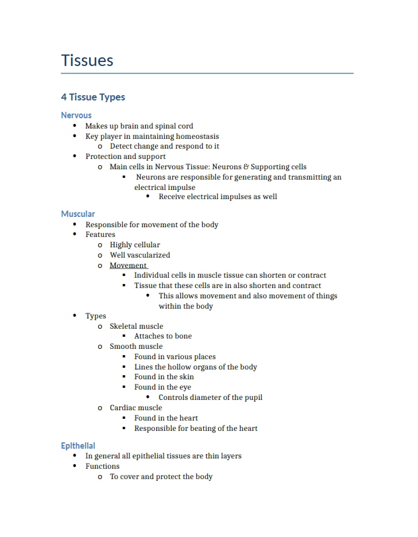 Notes Tissues (Ch 4)