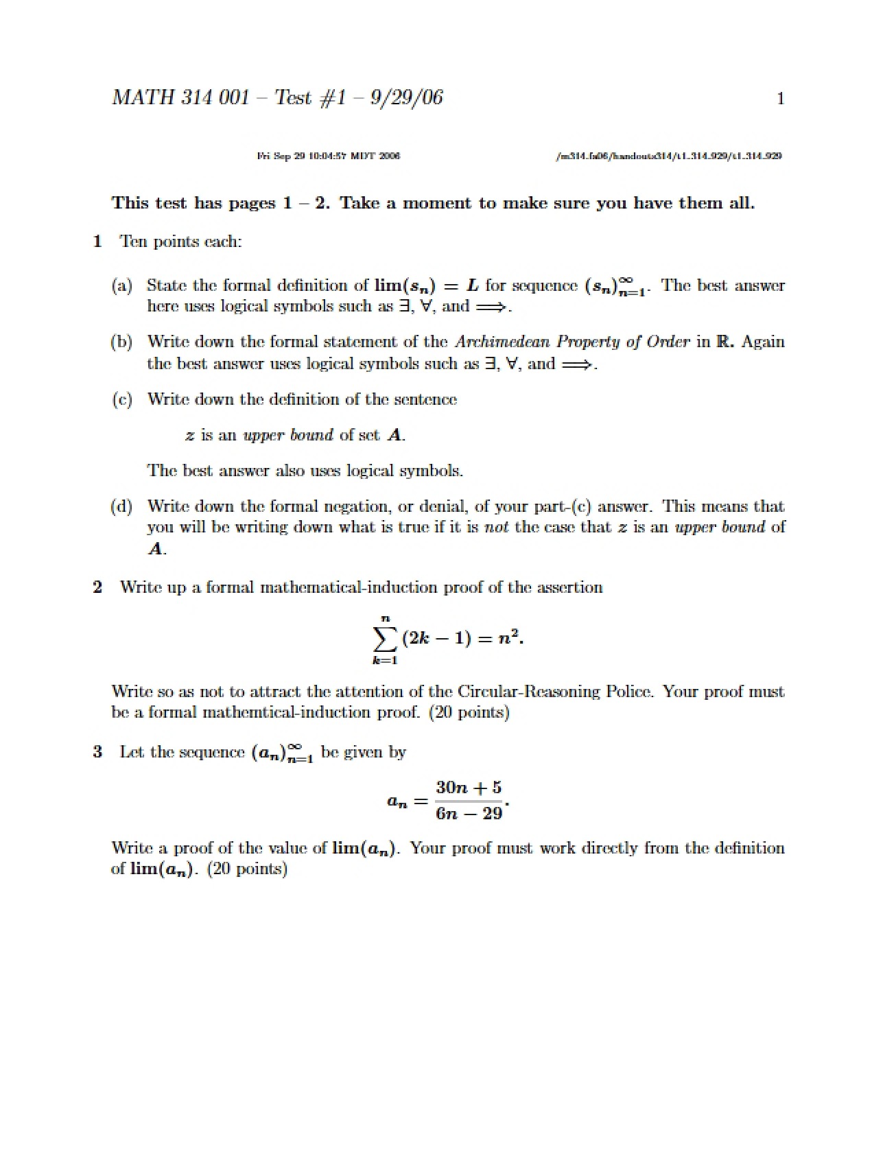 First Examination for Foundations of Analysis