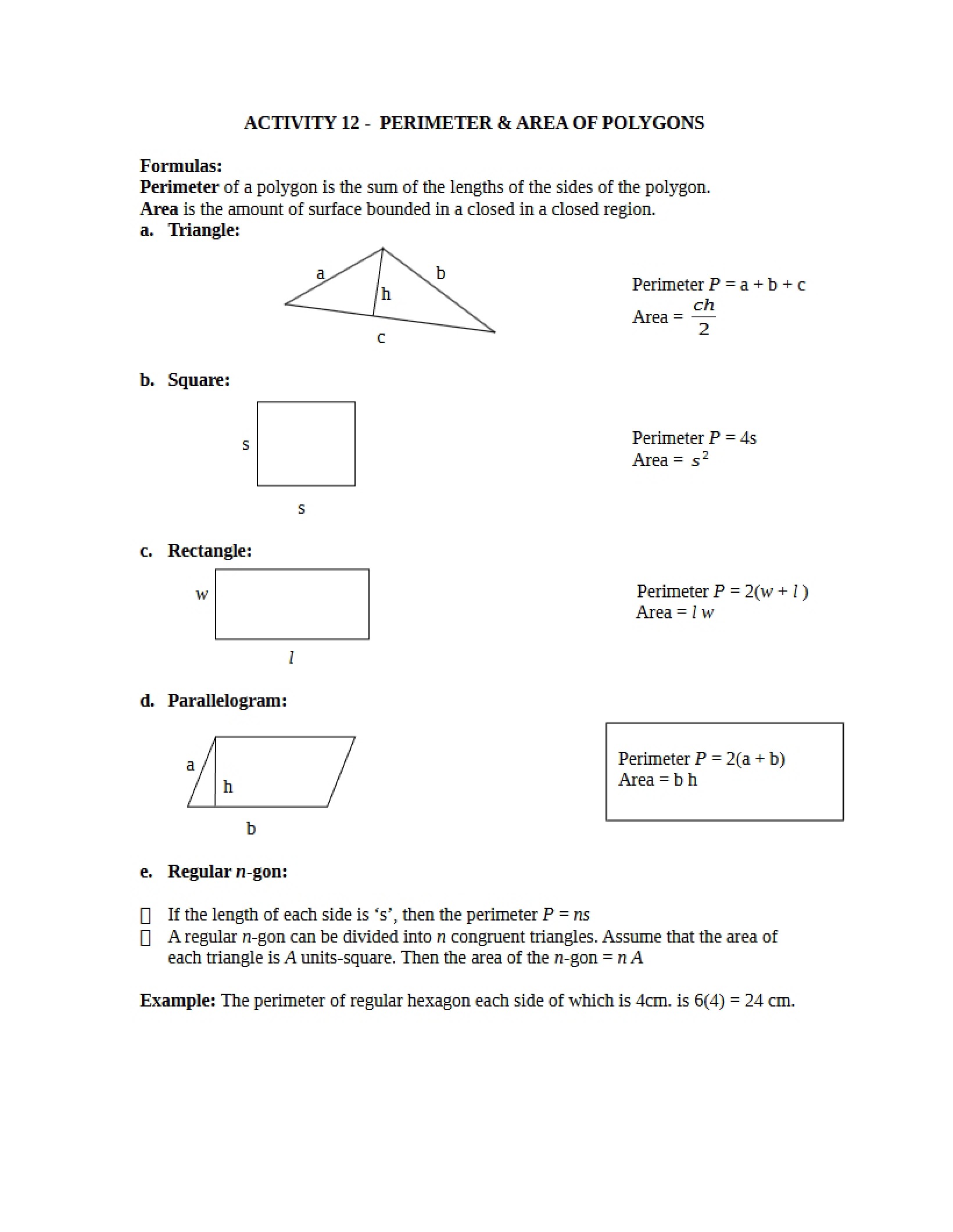 Activity 12 Polygon Area and Perimeter