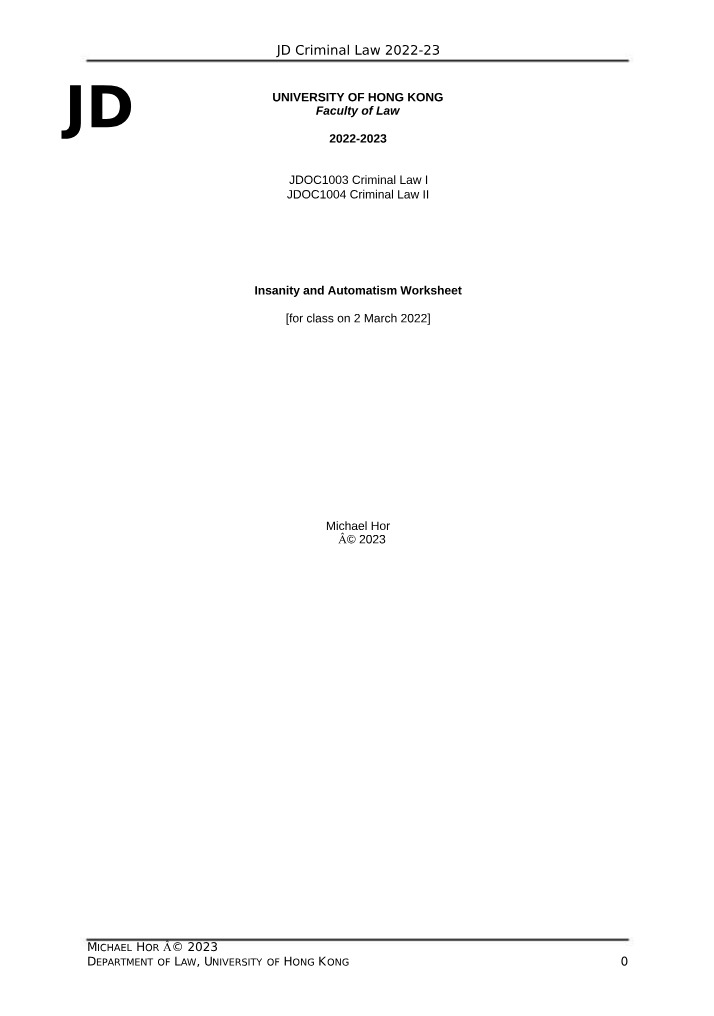 Worksheet on Insanity and Automatism