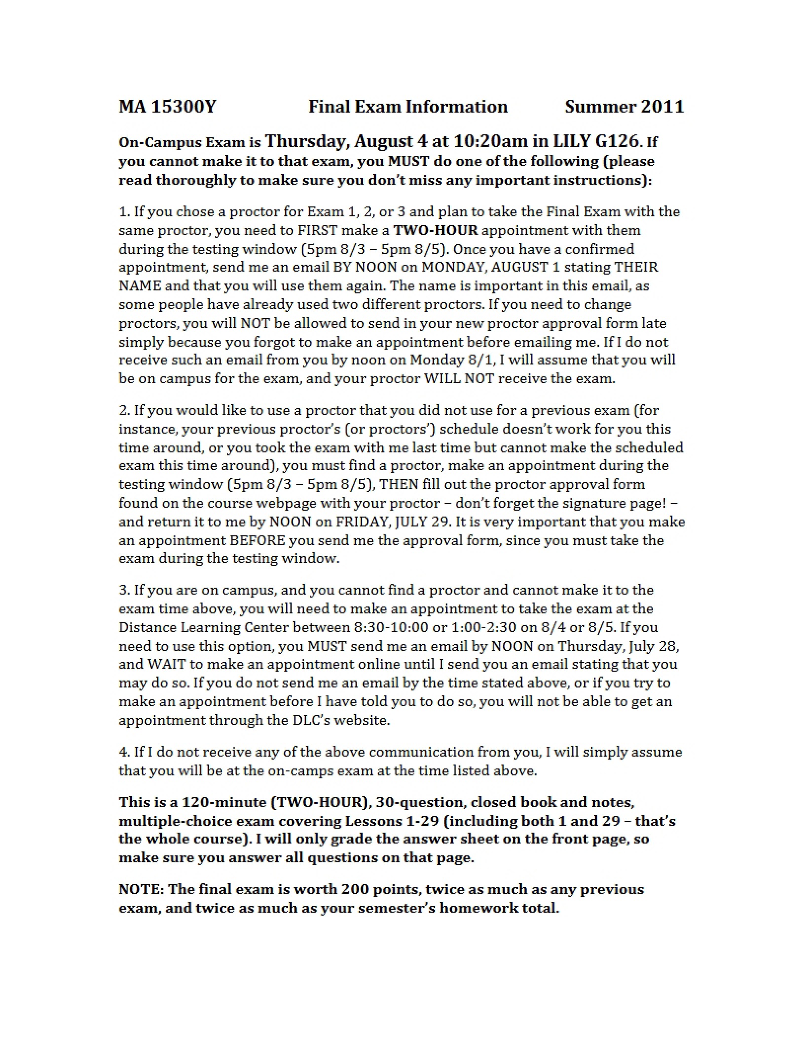 Info regarding Final Exam
