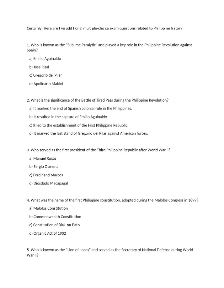 Multiple-Choice Exam Questions on Philippine History