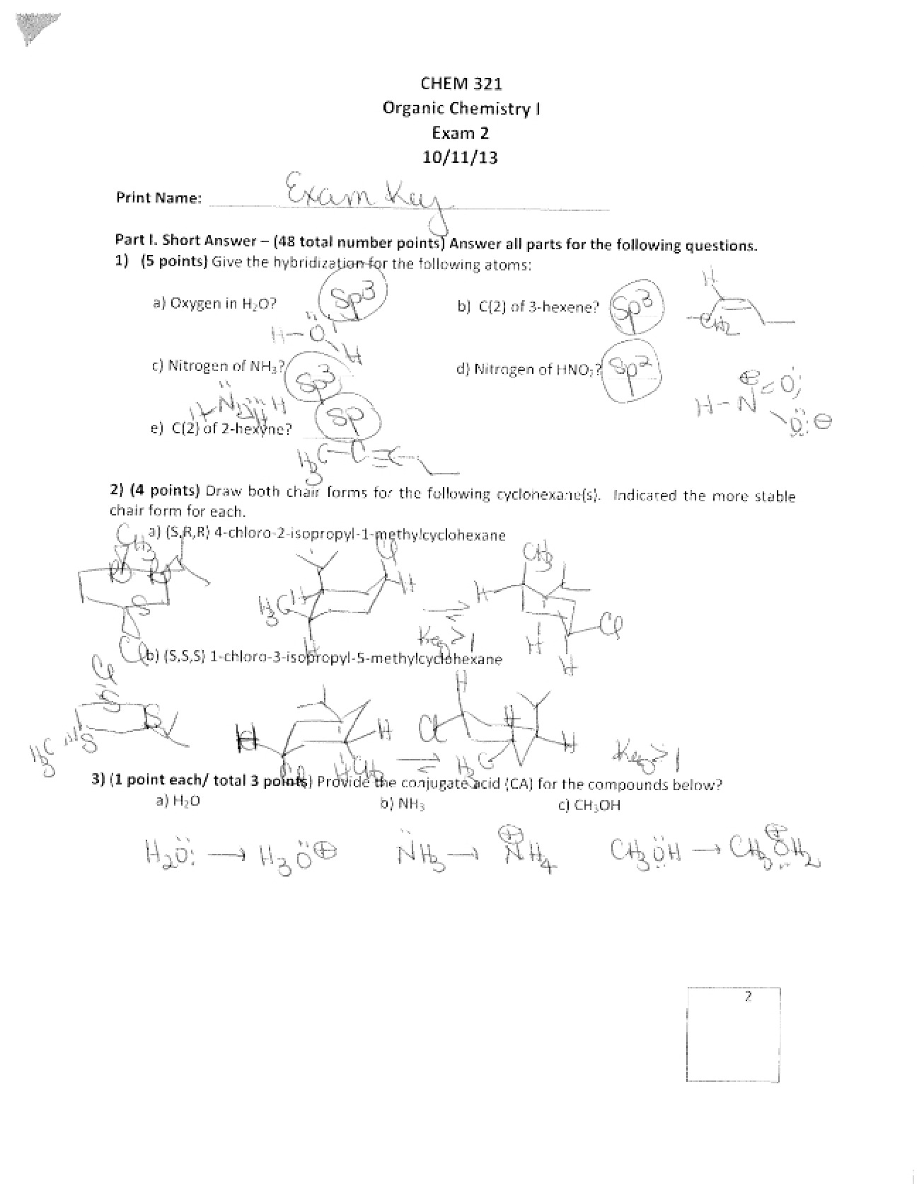 Organic Chemistry I - Exam 2 Solutions (2013)