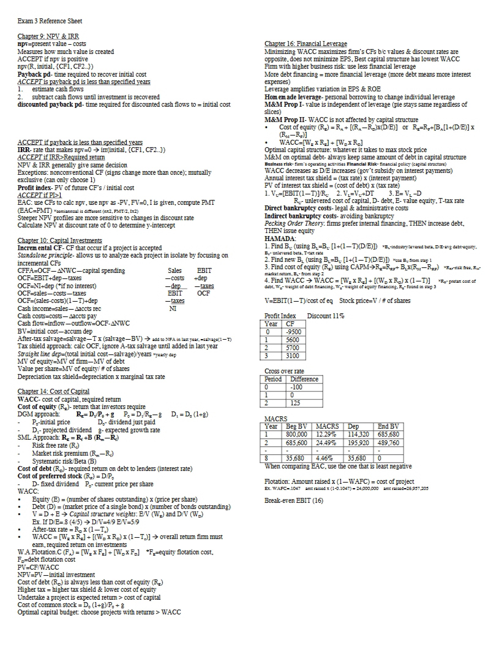 Reference Sheet for Exam 3